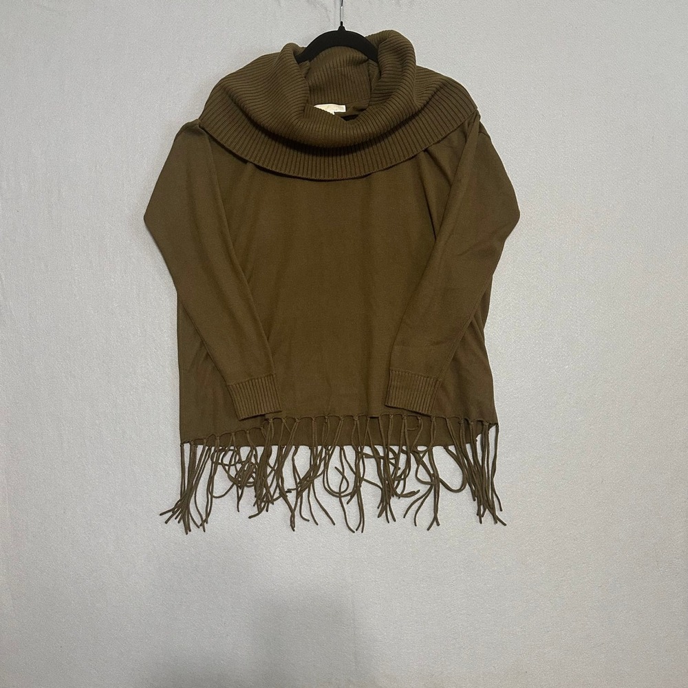 Michael Michael Kors Cowl Neck Fringe Hem Sweater Olive Brown Womens Medium
